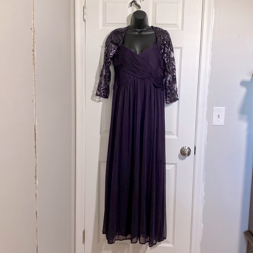 Adrianna Papell Eggplant Mother of the Bride Formal Maxi 3/4 Sleeve Dress Sz 12P